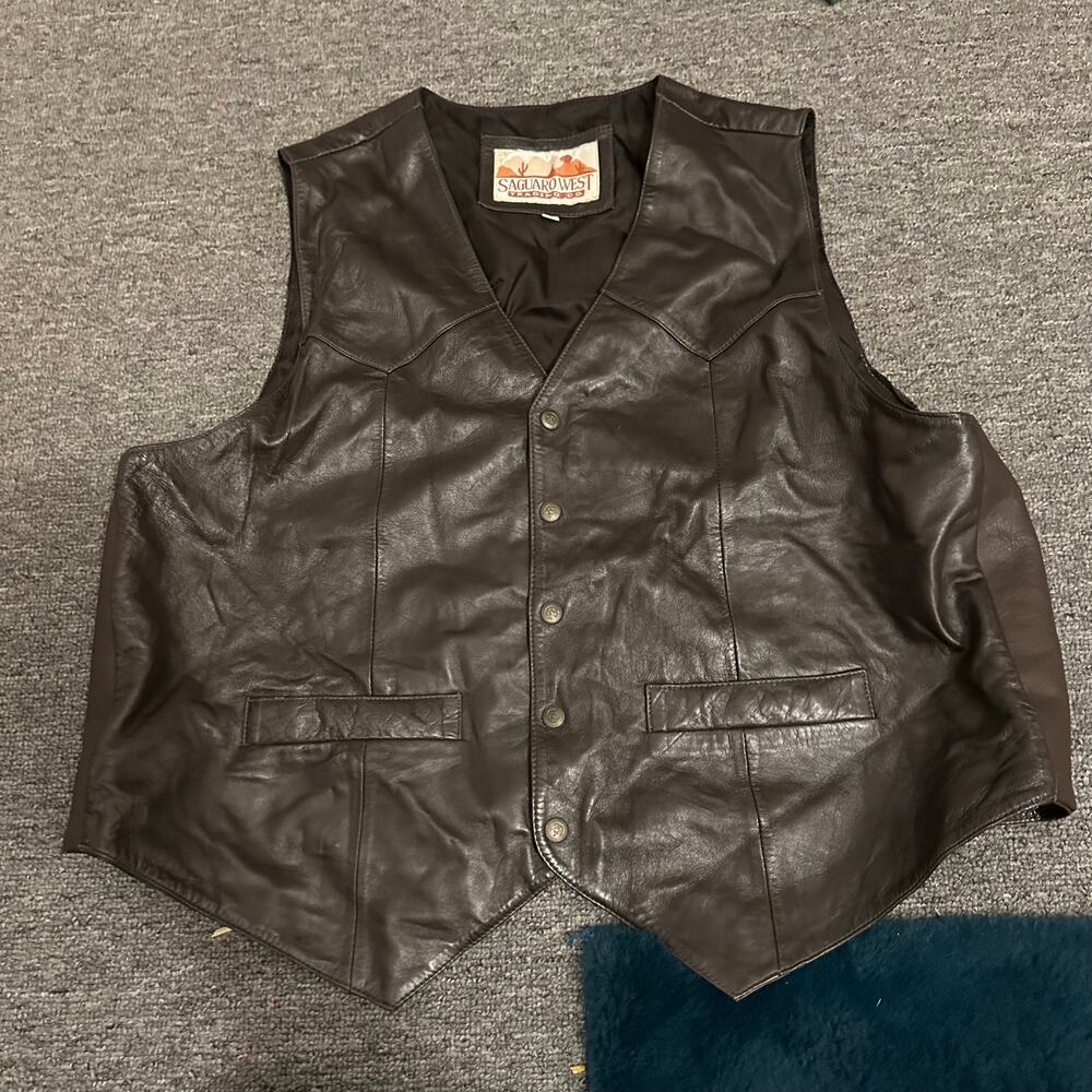 Men's XXL SAGUARO WEST Brown Soft Western Leather Vest Oklahoma State Snaps